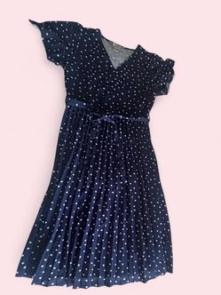 Navy Polka Dot Pleated Midi Dress