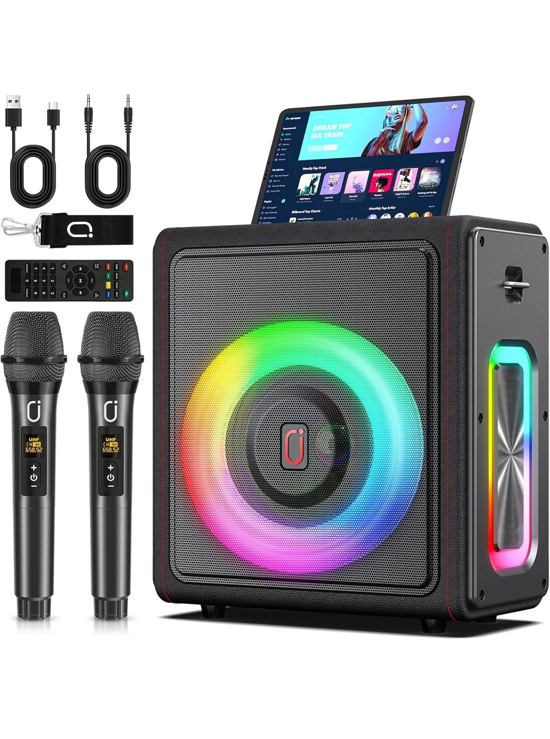 Karaoke Machine, Portable Bluetooth 5.3 Speaker with 2 Wireless Microphones for Adults, PA System with Pitch Correction & Echo Adjustment, Supports TW