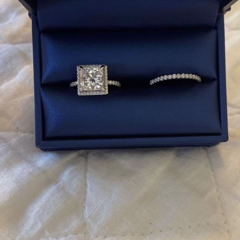 2 Ct. Moissanite Princess Cut Halo Wedding Ring Set