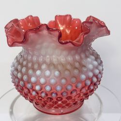 FENTON Hobnail Opalescent Ruffled Crimp Cranberry Art Glass Rose Bowl Vase 5”T