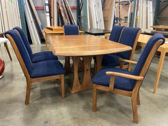 Vintage Wooden Dining Room Table with Navy Blue Upholstered Chairs (Set of 6)