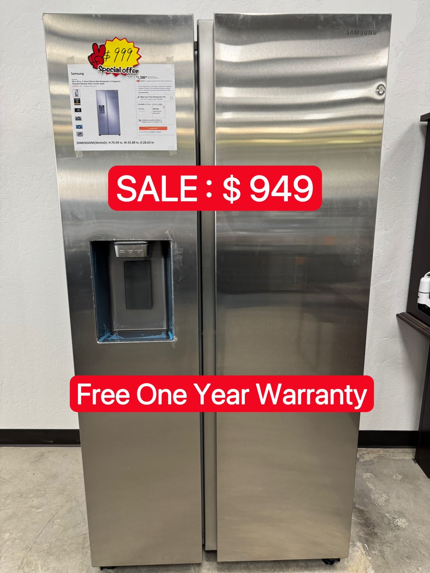 Samsung 22 cu.ft side by side refrigerator-open box-Free One Year Warranty
