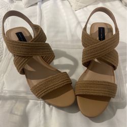 Cork And Tan Low Wedge High Heels W8
