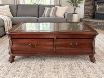 Dark Cherry Wood Coffee Table with Glass Top