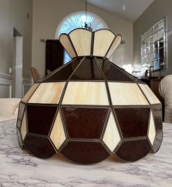 Vintage Tiffany Style Stained Glass Lampshade Replacement, Hand Crafted Amber Ivory Hammered Glass Shade, Art Nouveau Slag Glass Light Cover