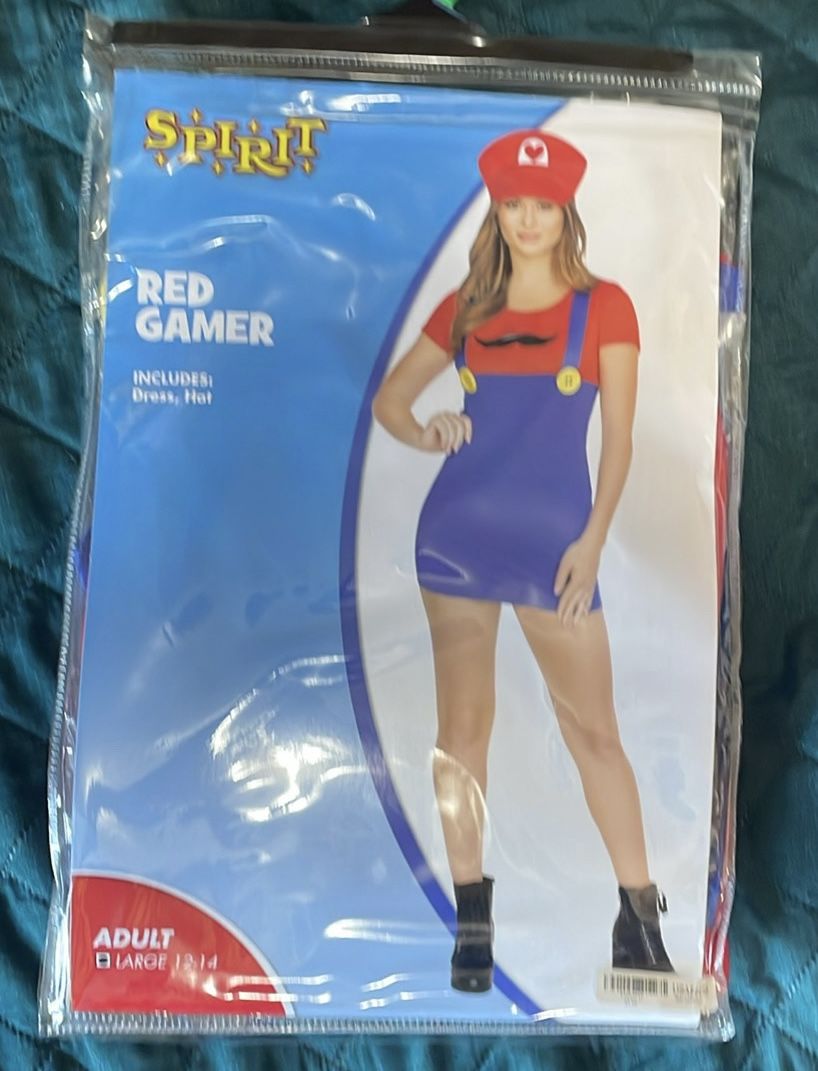 Women Red Gamer Super Mario Costume Fancy Dress Up Halloween Size12-14