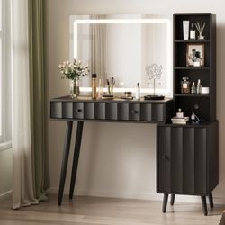 Vanity Desk Mirror with Light, Makeup Vanities Large Wave Fluted Dressing Table & 2 Drawers, Adjusta