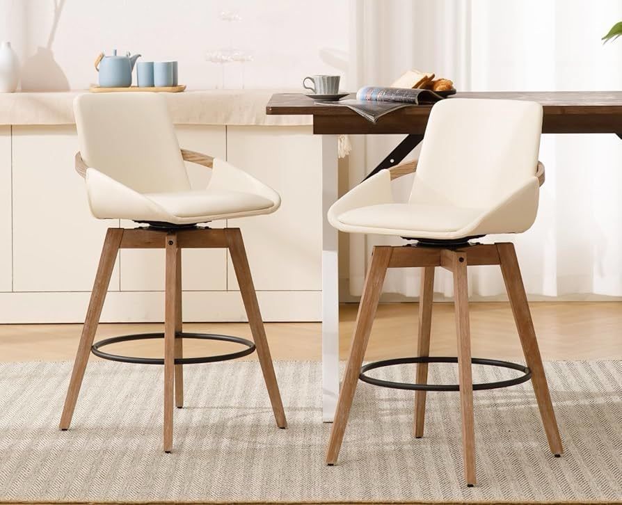 Leather Swivel Bar Stools Set of 2, Mid-Century Modern Counter Height Chairs with Faux PU Upholstery and Natural Wooden Legs for Kitchen Island, 26 In
