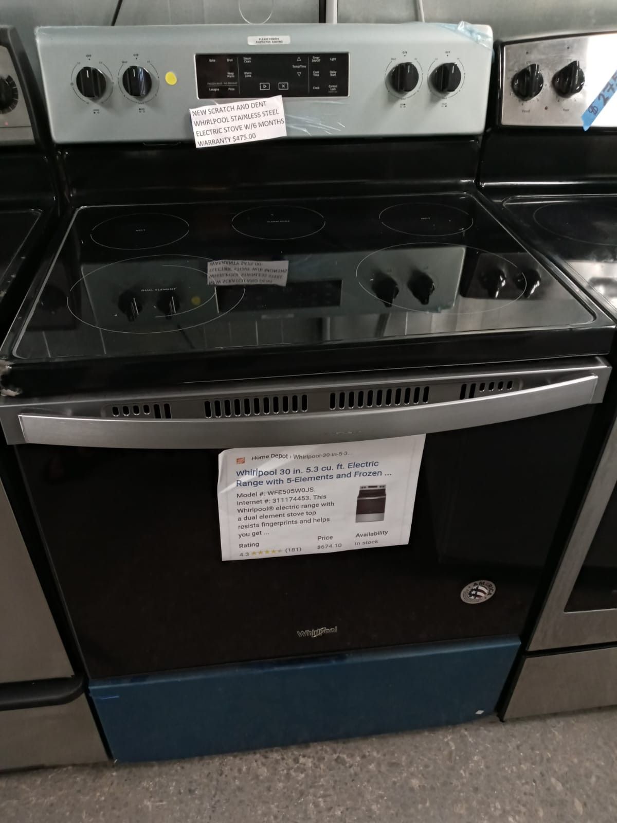 NEW SCRATCH AND DENT WHIRLPOOL STAINLESS STEEL ELECTRIC STOVE W/6 MONTHS WARRANTY