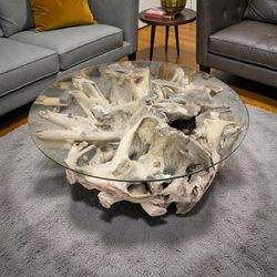 Whitewashed Teakroot Branches Solid Wood Coffee Table With Glass Top 42” 