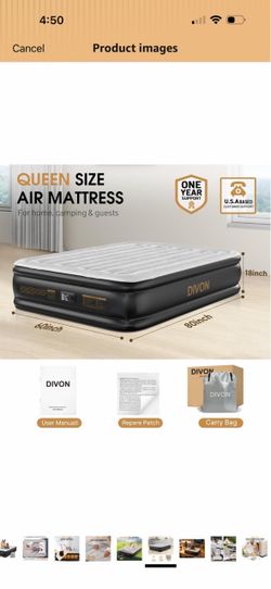 DIVON Queen Air Mattress with Built-in Pump, 18" Raised for Guests,Camping 660lbs capacity, leak-resistant 30% thicker PVC, inflates in 3 mins, waterp