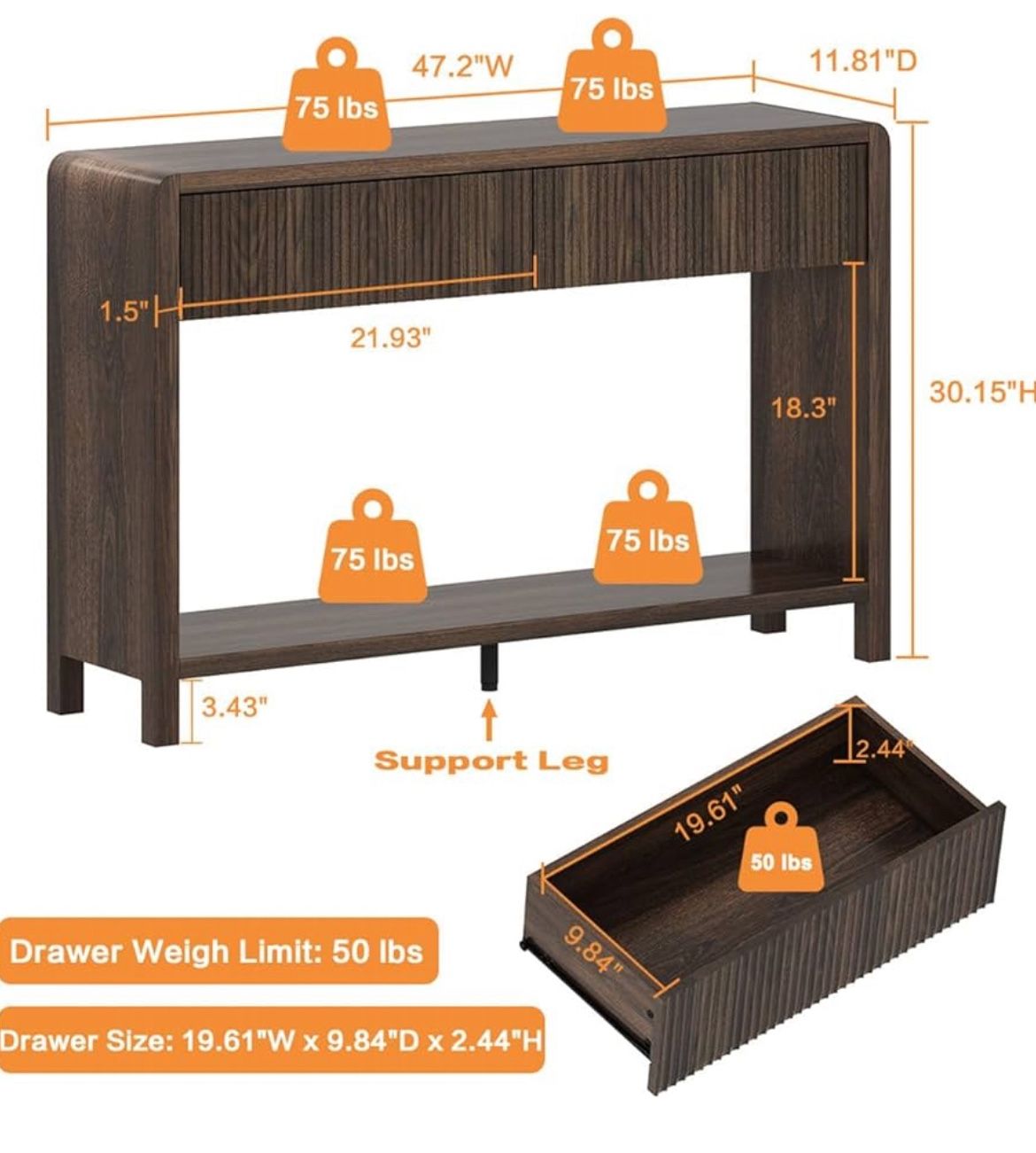 FATORRI Console Sofa Table 47.2 inch Wood Dark Walnut with 2 Drawers