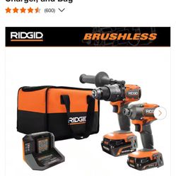 RIDGID 18V Brushless Cordless 2-Tool Combo Kit with Hammer Drill, Impact Driver, (2) Batteries, Charger, and Bag