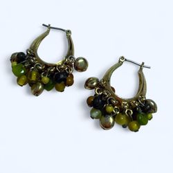 ✨VINTAGE LIZ CLAIBORNE BEADED GOLD HOOP EARRINGS GREEN HOOP EARRINGS✨