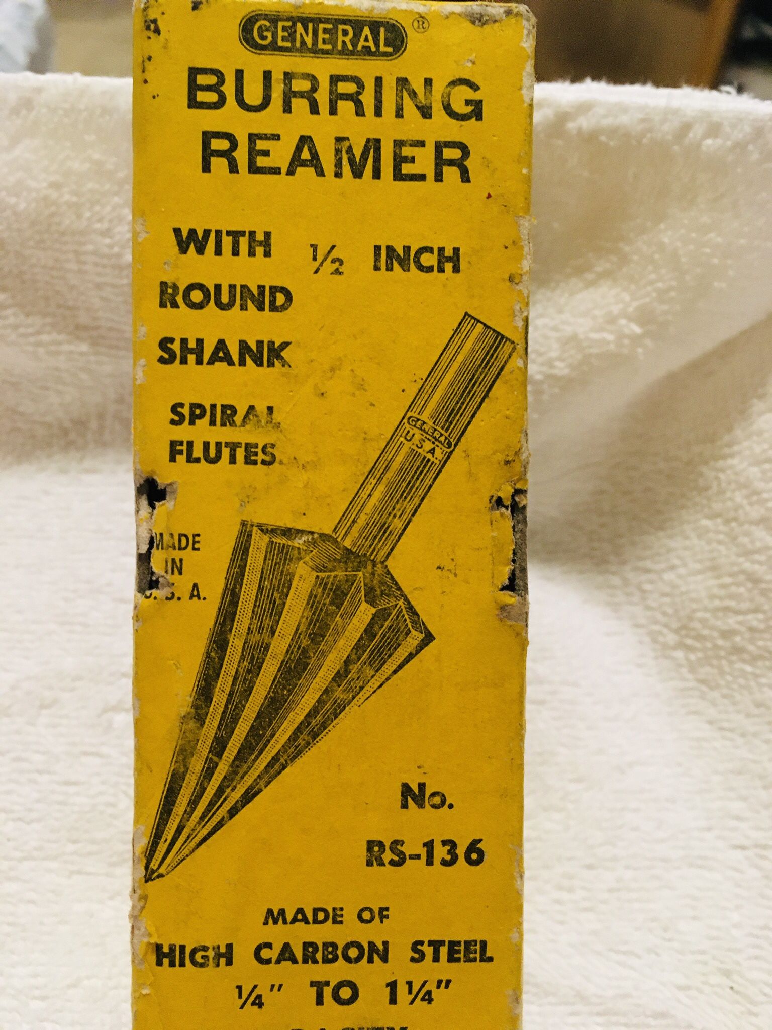 GENERAL BURRING REAMER, ORIGINAL BOX, 1/2” ROUND SHANK, SPIRAL FLUTE CAPACITY 1/4” to 1 1/4”