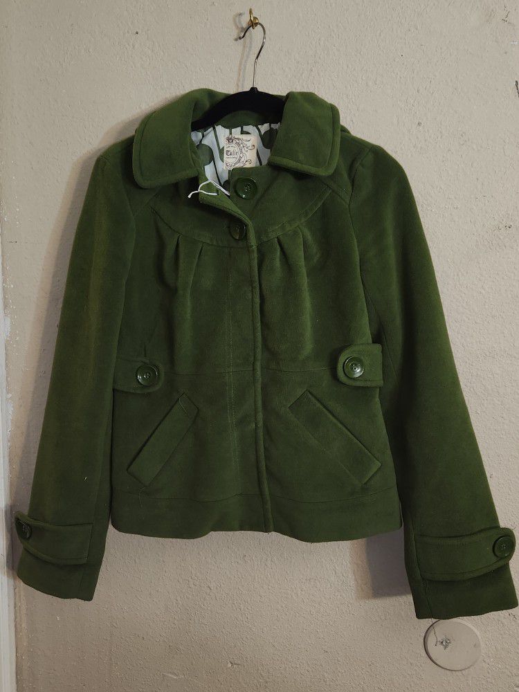 Anthropologie Tulle Retro Green Wool-Blend Cropped Pea Coat Size Small