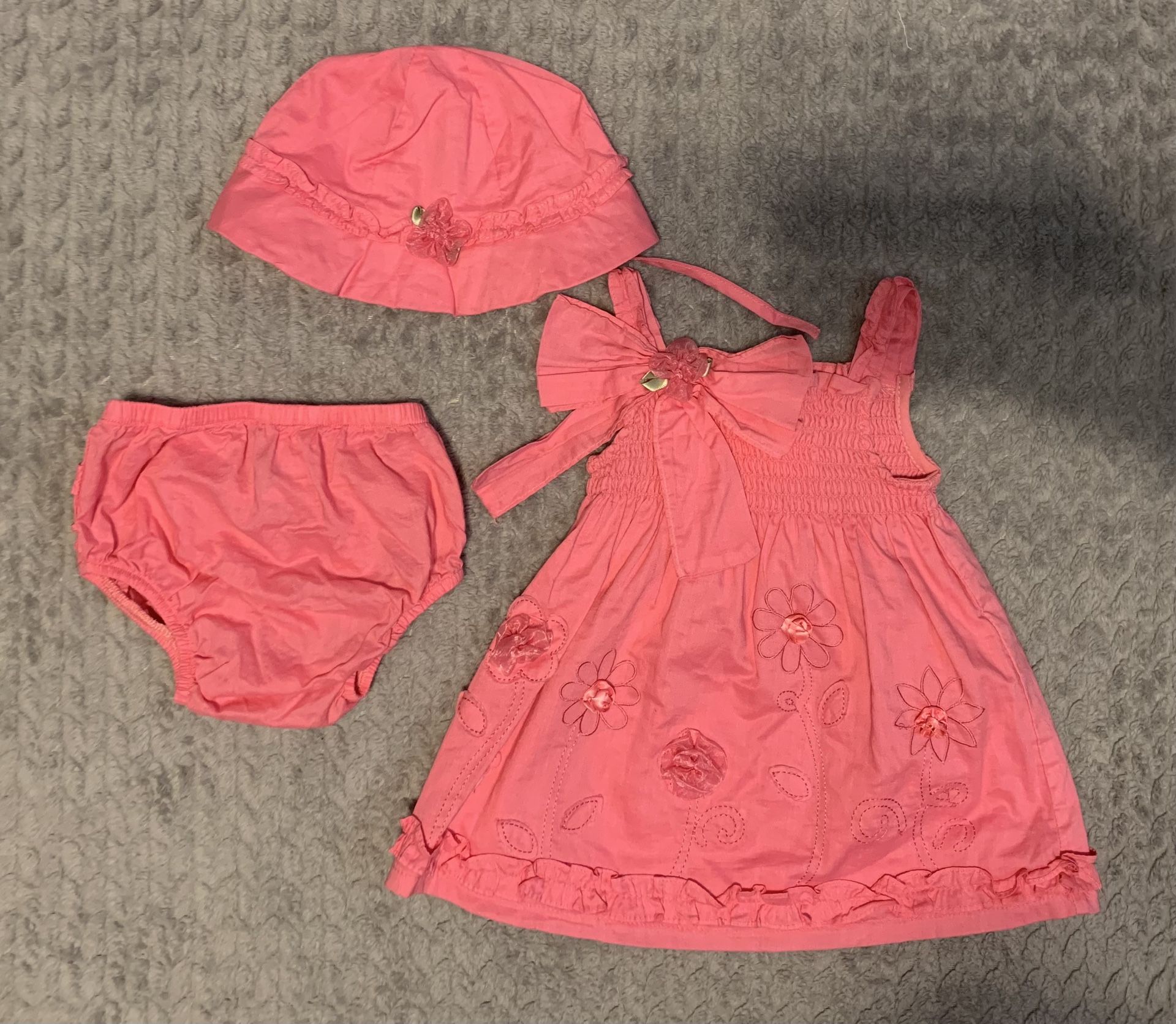 Pink Flores Ribbon Dress with Hat 3 Piece Set from Rare Editions in 3M
