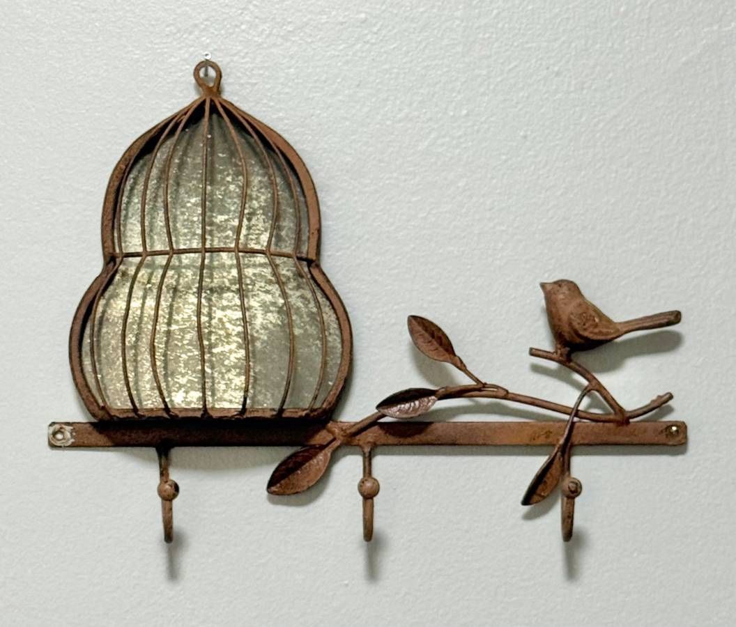 Weathered Metal French Style Bird Cage Leaf Mirror Wall Hanging Hook Hanger Decor