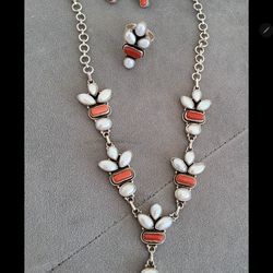 GORGEOUS STERLING SILVER CORAL AND PEARL SET TAP TO SEE FULL SIZE