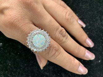 Stamped silver opal ring w topaz