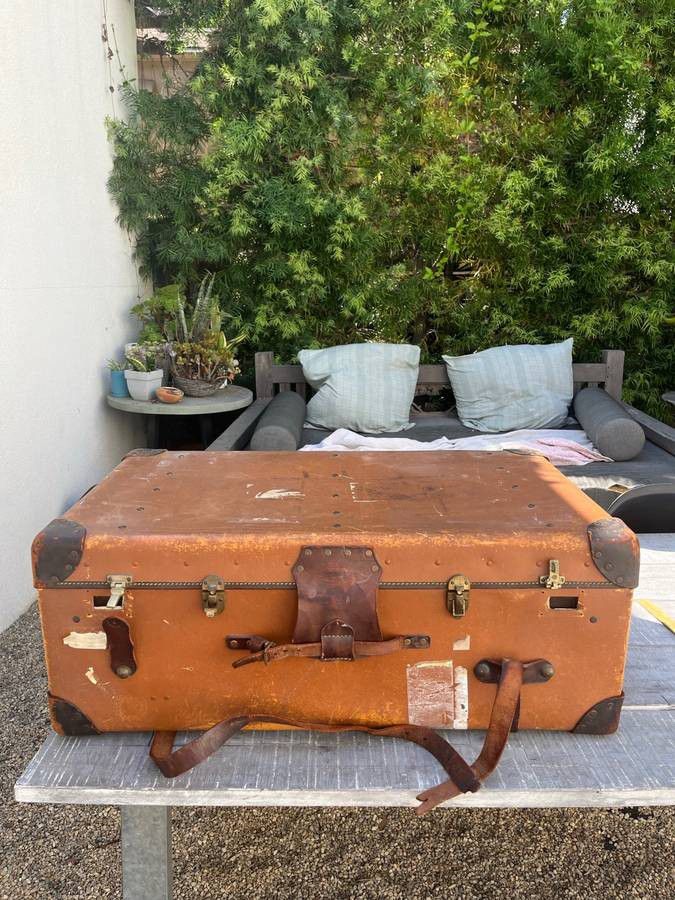 Vintage / Antique English Old Leather Tan Travel Steamer Trunk