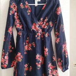 Mimi Chica Womens Navy Floral Cinched Waist Long Sleeve Tunic Dress size XS.