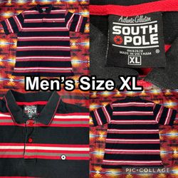 VTG Y2K Southpole Polo Shirt Men's XL Red Black Striped Short Sleeve Streetwear