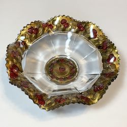 Antique EAPG 10” Goofus Bowl Pressed Glass Red-Gold Paint