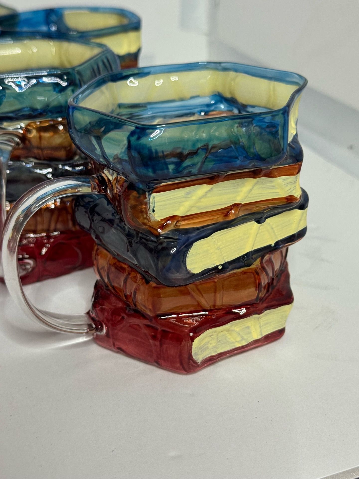 Six Stained Painted Glass Book Stack 6 oz Coffee Tea Mugs 3 3/8" Tall