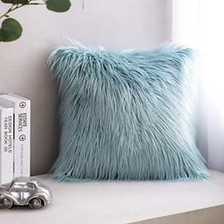 2 NEW light blue faux fur style plush cushion case/cover