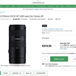 Tamron 70-210mm f/4 Di VC USD Lens for Canon EF- Comes With The Box