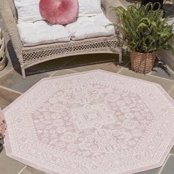 Pink/Ivory Vintage Outdoor Aztec Rug - (5' 3" Octagon, Pink/ Ivory)