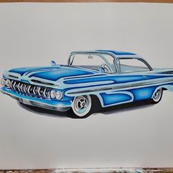 Chevrolet Impala lowrider blue 1959 color pencil drawing 11x14