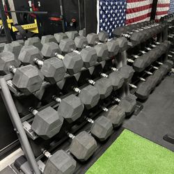 Dumbbells 5 lbs to 100 lbs 20 pairs with 2 INSPIRE dumbbell racks 