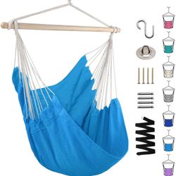 Hammock Chair Swing with Hardware Kit, Indoor Outdoor Hanging Rope Swing Chair Comfortable Hanging Chair, Max Weight 330 Lbs(Blue)