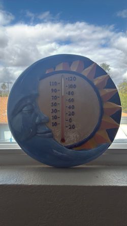 Vintage 90s Glazed Ceramic Crescent Moon Face Sun Celestial Hanging Wall Thermostat Whimsigoth Folk Art
