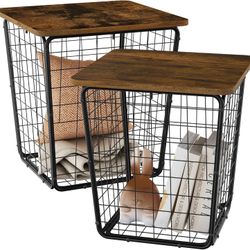 Nesting Coffee Table with Storage - Set of 2 Side with Wire Basket Industrial Farmhouse Style End Tables for Living Room Bedroom Balcony Office Nights