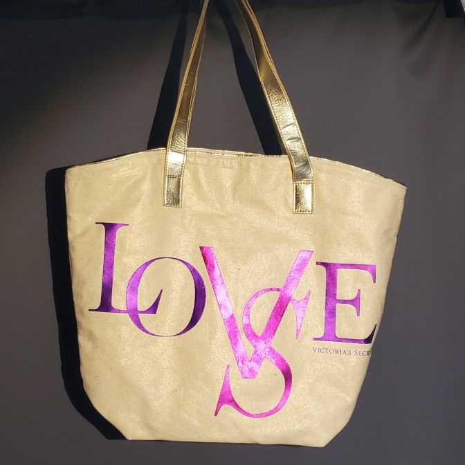 Victoria's Secret Love Canvas Tote Bag Purple Lettering Gold Handles