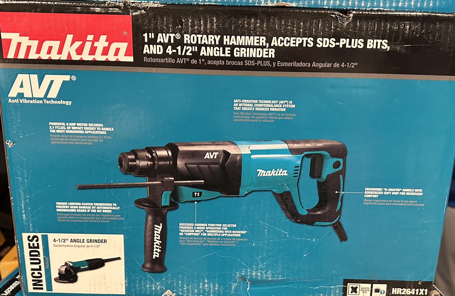 Makita 8 Amp 1 in. Corded SDS-Plus Concrete/Masonry AVT Rotary Hammer Drill with 4-1/2 in. Corded Angle Grinder with Hard Case