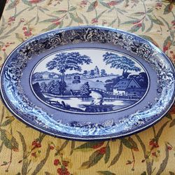 Vintage Daher Decorated Large Tin Ware Tray: Blue & White Pastoral Landscape
