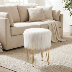 2 pc Faux Fur Vanity Stool w/ Padded Seat 4 Golden Metal Legs & Adjustable Foot Pads