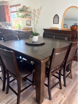 Counter Height Collapsable Dining Table Set with 6 Chairs, Bench & Lazy Susan