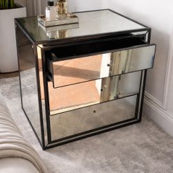 Modern Glam Mirrored Nightstand / Side Table – Black Frame, Stylish
