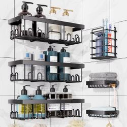 Adhesive Shower Caddy 6 Pack, Large Capacity Bathroom Organizers and Storage, No Drilling Wall-Mounted Basket, Black