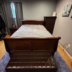 Bedroom set - Sled Bed, Night Stand, Tall Dresser And Leather Foot Bench