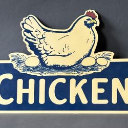 Vintage Metal Blue And Pale Yellow Chicken Sign