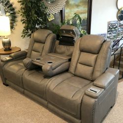 Gray Genuine Leather Power Recliner Sofa