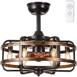 Caged Ceiling Fans with Lights Farmhouse, 18 Inch Flush Mount Vintage Bladeless Rustic Chandeliers Fan Remote Bedroom 6 Light E12 Bulb Base


