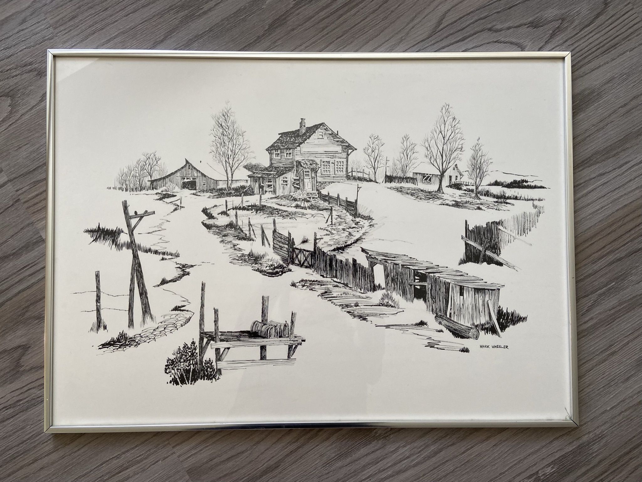 Black And White Farmhouse Scene By Mark Wheeler Framed Art