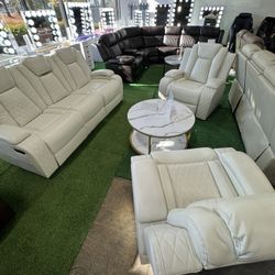 Premium White Power Recliner Couch and 2 Power Recliner Chairs